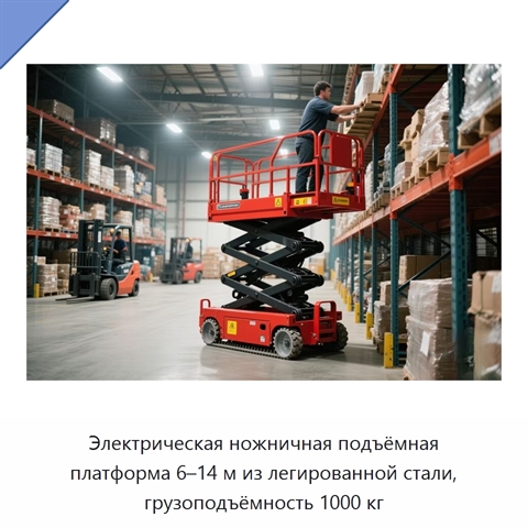 Электрическая ножничная подъёмная платформа 6–14 м из легированной стали, грузоподъёмность 1000 кг