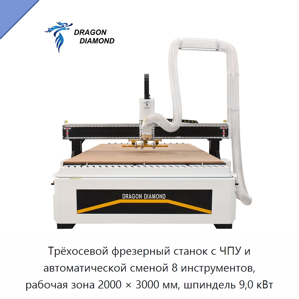 Трёхосевой фрезерный станок с ЧПУ и автоматической сменой 8 инструментов, рабочая зона 2000 × 3000 мм, шпиндель 9,0 кВт — Фрезерные станки по дереву