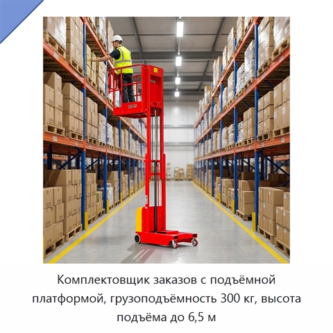 Комплектовщик заказов с подъёмной платформой, грузоподъёмность 300 кг, высота подъёма до 6,5 м