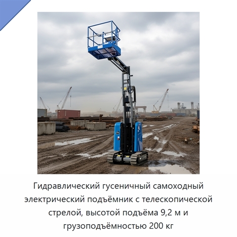 Гидравлический гусеничный самоходный электрический подъёмник с телескопической стрелой, высотой подъёма 9,2 м и грузоподъёмностью 200 кг