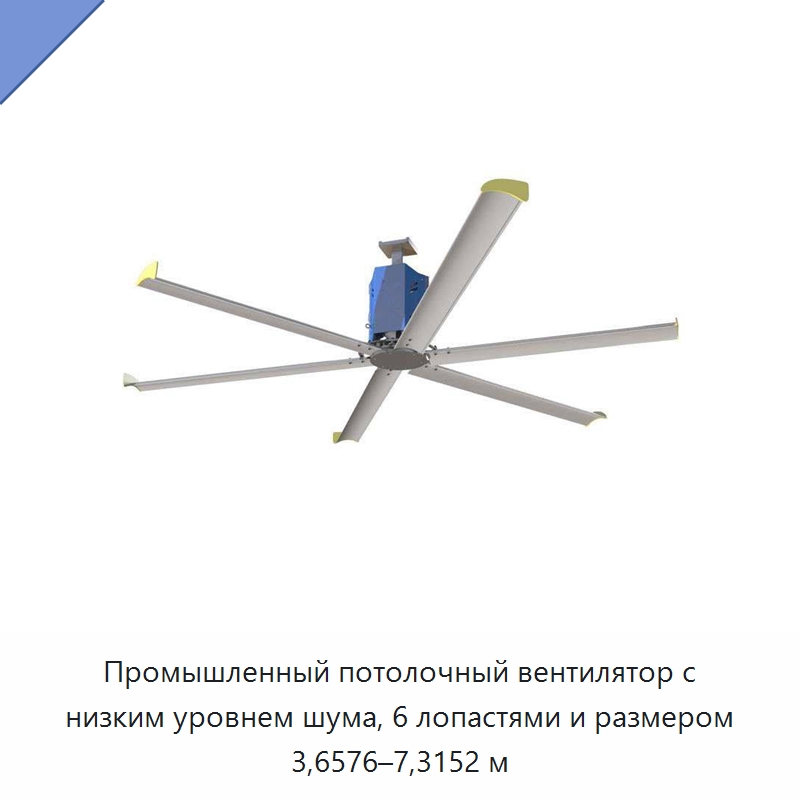 Промышленный потолочный вентилятор с низким уровнем шума, 6 лопастями и размером 3,6576–7,3152 м — Специальное сервисное оборудование
