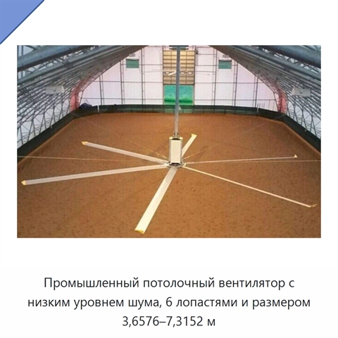 Промышленный потолочный вентилятор с низким уровнем шума, 6 лопастями и размером 3,6576–7,3152 м