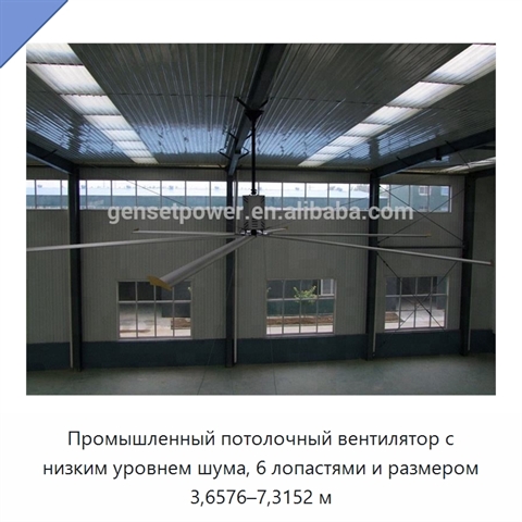 Промышленный потолочный вентилятор с низким уровнем шума, 6 лопастями и размером 3,6576–7,3152 м