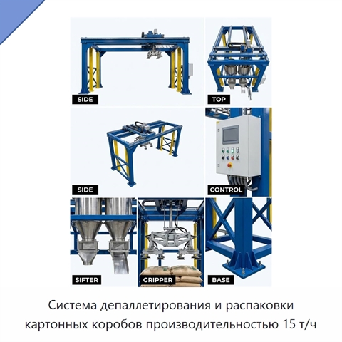 Система депаллетирования и распаковки картонных коробов производительностью 15 т/ч