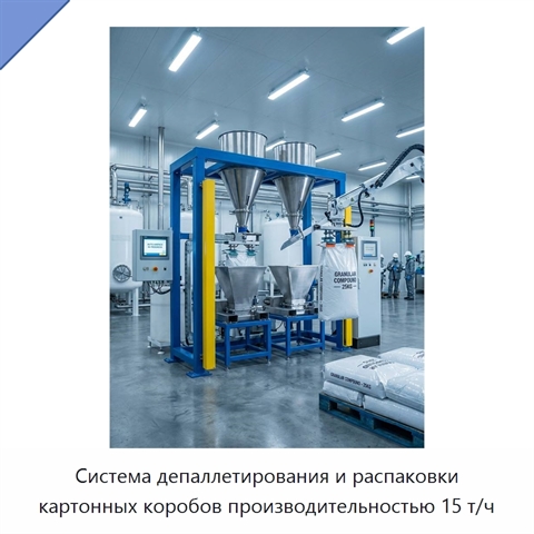 Система депаллетирования и распаковки картонных коробов производительностью 15 т/ч