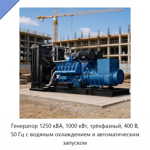 Генератор 1250 кВА, 1000 кВт, трёхфазный, 400 В, 50 Гц с водяным охлаждением и автоматическим запуском