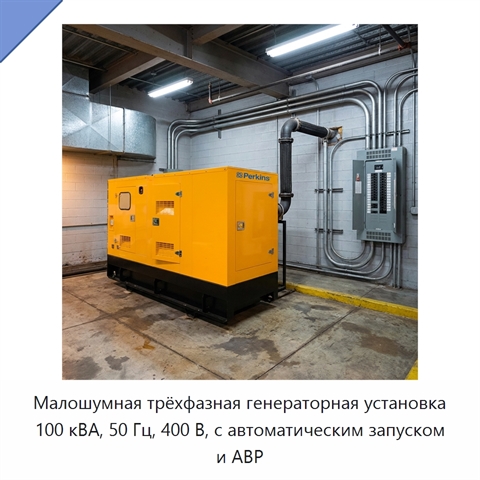 Малошумная трёхфазная генераторная установка 100 кВА, 50 Гц, 400 В, с автоматическим запуском и АВР