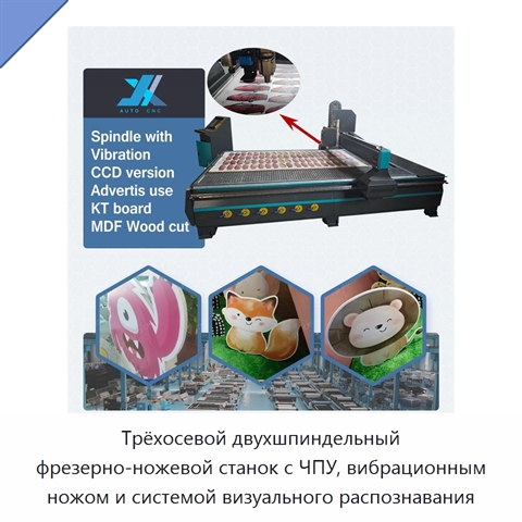 Трёхосевой двухшпиндельный фрезерно-ножевой станок с ЧПУ, вибрационным ножом и системой визуального распознавания
