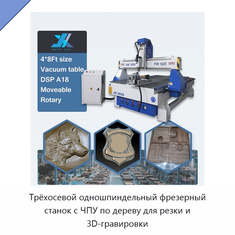 Трёхосевой одношпиндельный фрезерный станок с ЧПУ по дереву для резки и 3D-гравировки