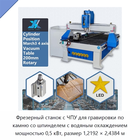 Фрезерный станок с ЧПУ для гравировки по камню со шпинделем с водяным охлаждением мощностью 0,5 кВт, размер 1,2192 × 2,4384 м