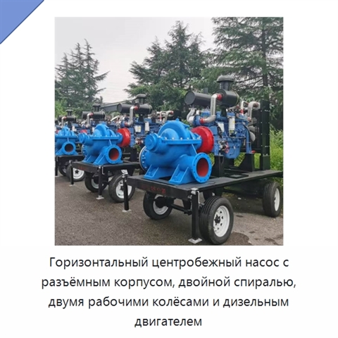 Горизонтальный центробежный насос с разъёмным корпусом, двойной спиралью, двумя рабочими колёсами и дизельным двигателем