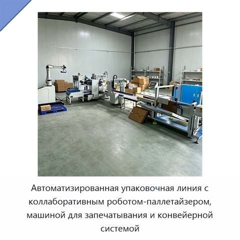 Автоматизированная упаковочная линия с коллаборативным роботом-паллетайзером, машиной для запечатывания и конвейерной системой