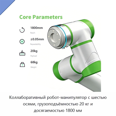 Коллаборативный робот-манипулятор с шестью осями, грузоподъёмностью 20 кг и досягаемостью 1800 мм