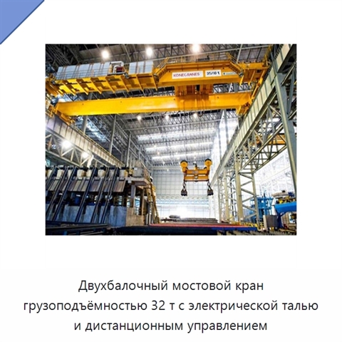Двухбалочный мостовой кран грузоподъёмностью 32 т с электрической талью и дистанционным управлением