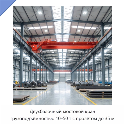 Двухбалочный мостовой кран грузоподъёмностью 10–50 т с пролётом до 35 м