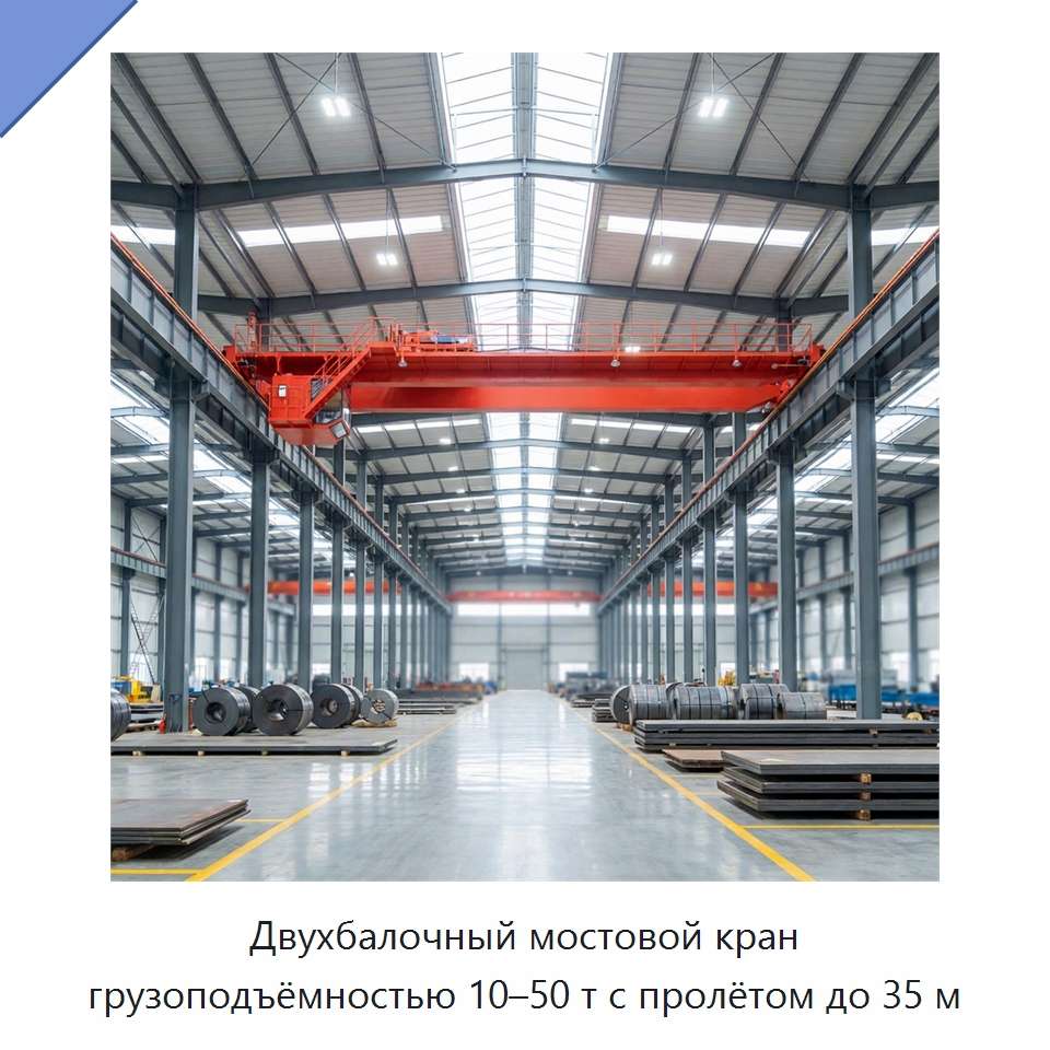 Двухбалочный мостовой кран грузоподъёмностью 10–50 т с пролётом до 35 м — Краны