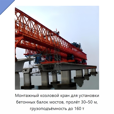 Монтажный козловой кран для установки бетонных балок мостов, пролёт 30–50 м, грузоподъёмность до 160 т