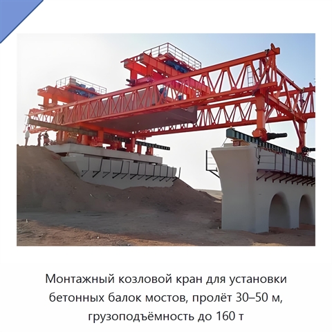 Монтажный козловой кран для установки бетонных балок мостов, пролёт 30–50 м, грузоподъёмность до 160 т