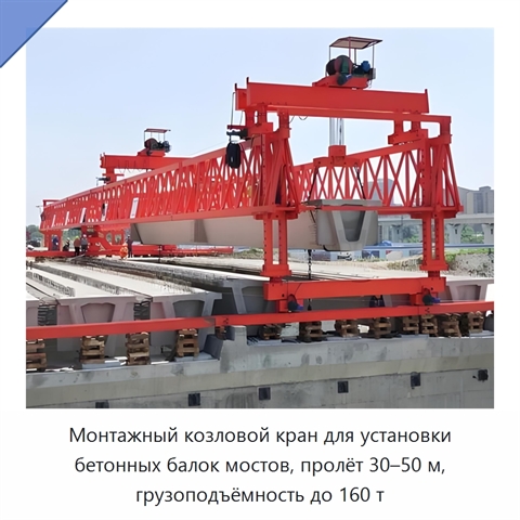 Монтажный козловой кран для установки бетонных балок мостов, пролёт 30–50 м, грузоподъёмность до 160 т