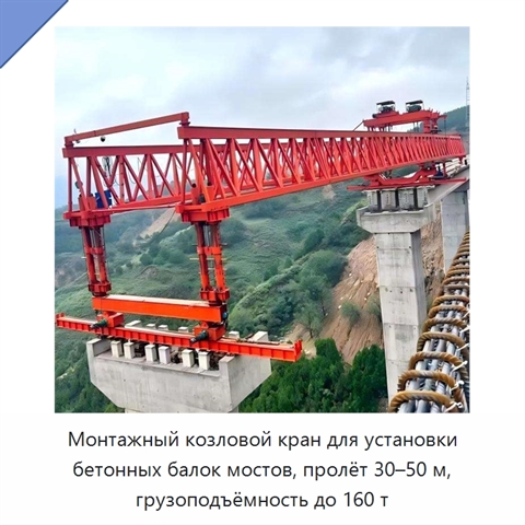 Монтажный козловой кран для установки бетонных балок мостов, пролёт 30–50 м, грузоподъёмность до 160 т