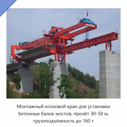 Монтажный козловой кран для установки бетонных балок мостов, пролёт 30–50 м, грузоподъёмность до 160 т