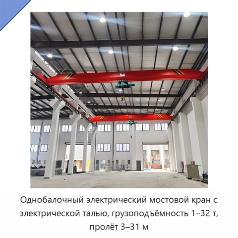 Однобалочный электрический мостовой кран с электрической талью, грузоподъёмность 1–32 т, пролёт 3–31 м