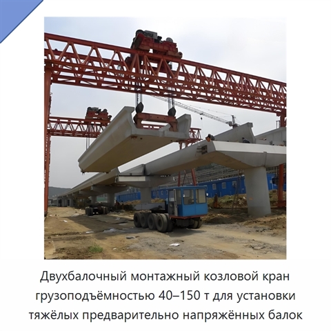 Двухбалочный монтажный козловой кран грузоподъёмностью 40–150 т для установки тяжёлых предварительно напряжённых балок