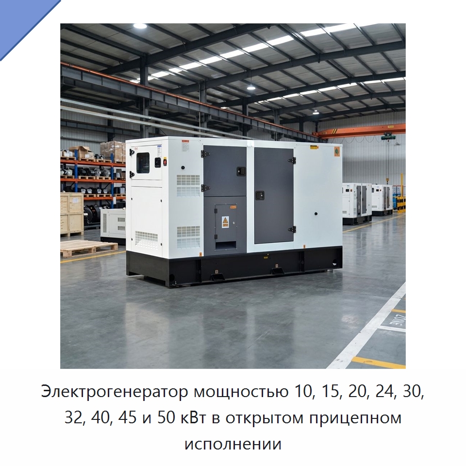 Электрогенератор мощностью 10, 15, 20, 24, 30, 32, 40, 45 и 50 кВт в открытом прицепном исполнении — Дизельные генераторы