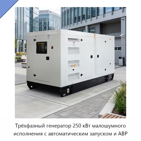 Трёхфазный генератор 250 кВт малошумного исполнения с автоматическим запуском и АВР
