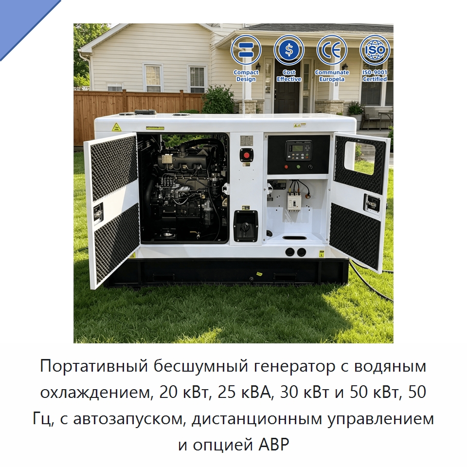 Портативный бесшумный генератор с водяным охлаждением, 20 кВт, 25 кВА, 30 кВт и 50 кВт, 50 Гц, с автозапуском, дистанционным управлением и опцией АВР — Дизельные генераторы