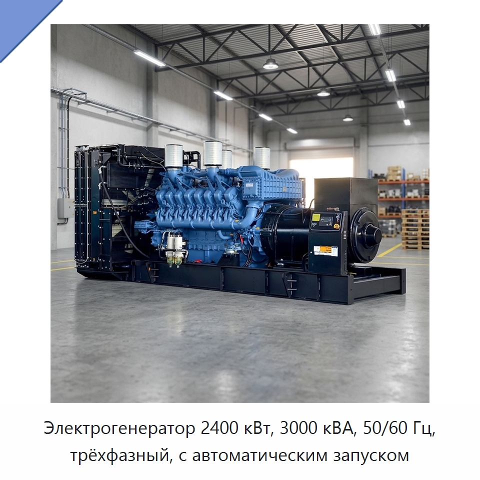 Электрогенератор 2400 кВт, 3000 кВА, 50/60 Гц, трёхфазный, с автоматическим запуском — Дизельные генераторы