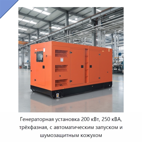 Генераторная установка 200 кВт, 250 кВА, трёхфазная, с автоматическим запуском и шумозащитным кожухом