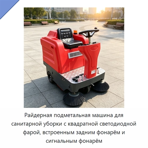 Райдерная подметальная машина для санитарной уборки с квадратной светодиодной фарой, встроенным задним фонарём и сигнальным фонарём