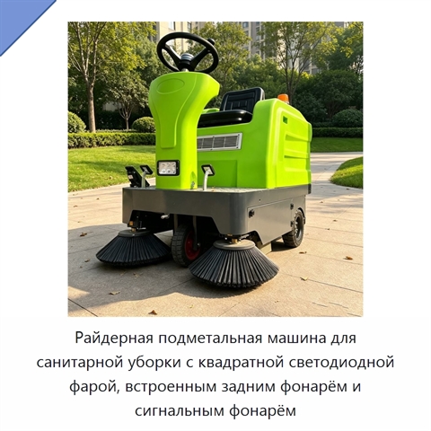 Райдерная подметальная машина для санитарной уборки с квадратной светодиодной фарой, встроенным задним фонарём и сигнальным фонарём