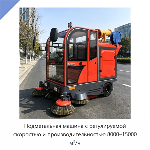 Подметальная машина с регулируемой скоростью и производительностью 8000–15000 м²/ч