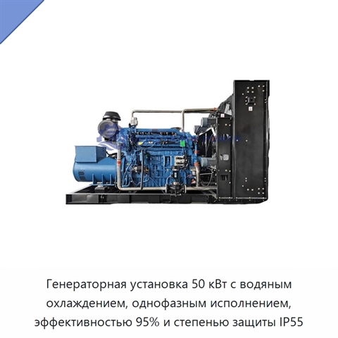 Генераторная установка 50 кВт с водяным охлаждением, однофазным исполнением, эффективностью 95% и степенью защиты IP55