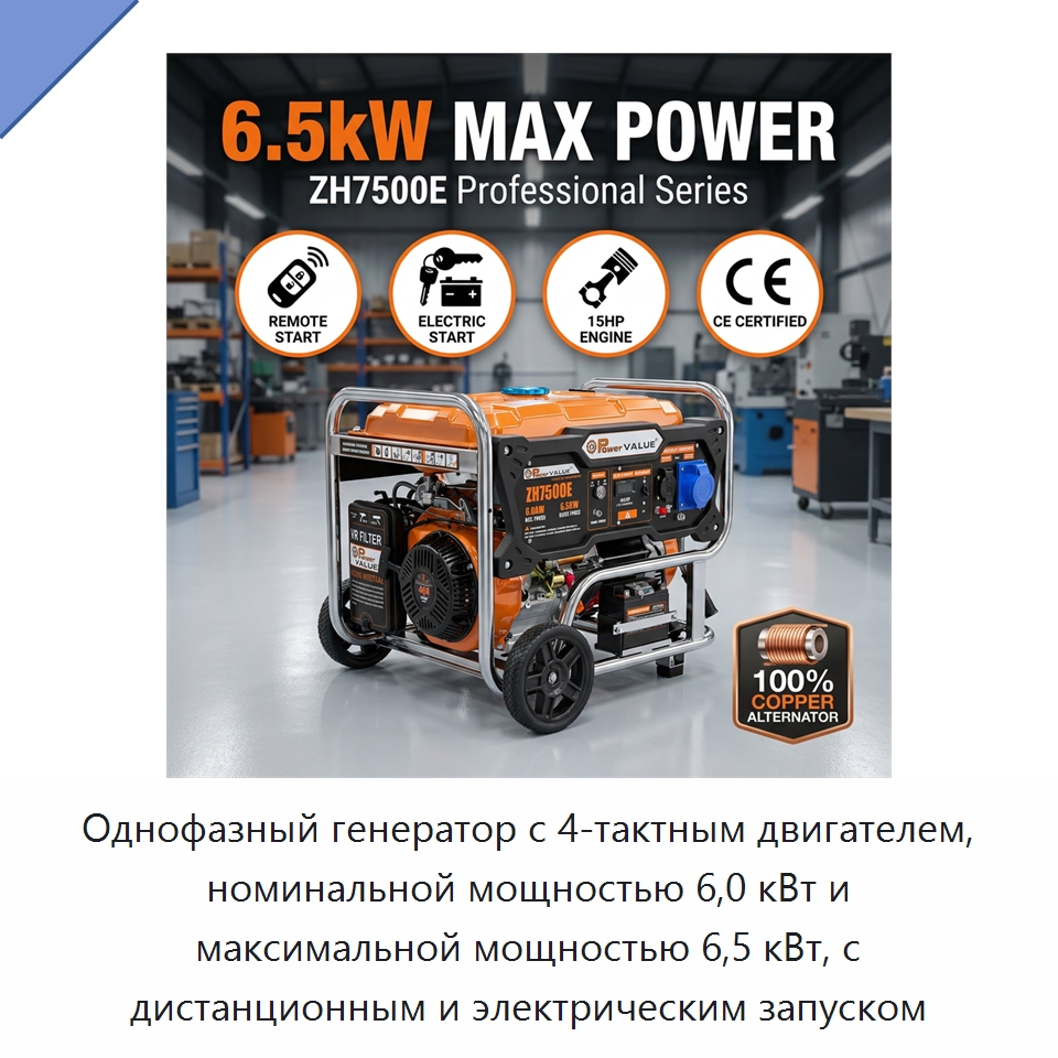 Однофазный генератор с 4-тактным двигателем, номинальной мощностью 6,0 кВт и максимальной мощностью 6,5 кВт, с дистанционным и электрическим запуском — Бензиновые генераторы