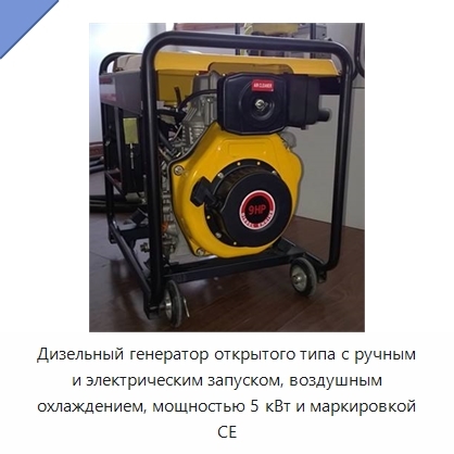 Дизельный генератор открытого типа с ручным и электрическим запуском, воздушным охлаждением, мощностью 5 кВт и маркировкой CE