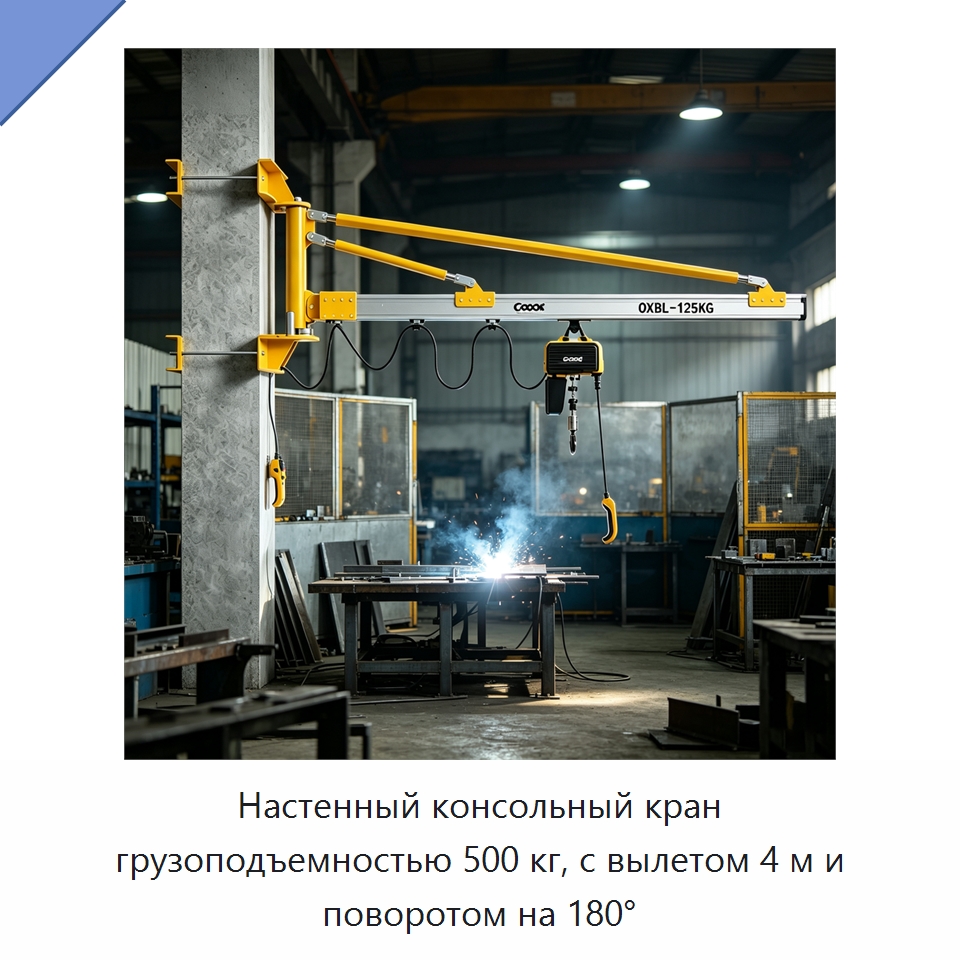 Настенный консольный кран грузоподъемностью 500 кг, с вылетом 4 м и поворотом на 180° — Краны
