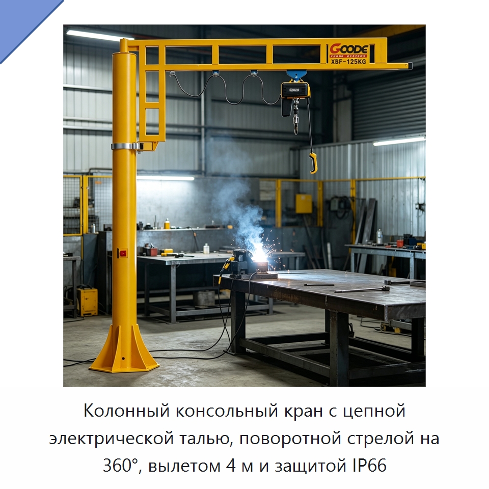 Колонный консольный кран с цепной электрической талью, поворотной стрелой на 360°, вылетом 4 м и защитой IP66 — Электротали