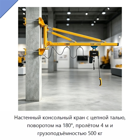 Настенный консольный кран с цепной талью, поворотом на 180°, пролётом 4 м и грузоподъёмностью 500 кг