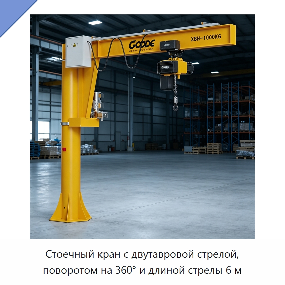 Стоечный кран с двутавровой стрелой, поворотом на 360° и длиной стрелы 6 м — Электротали