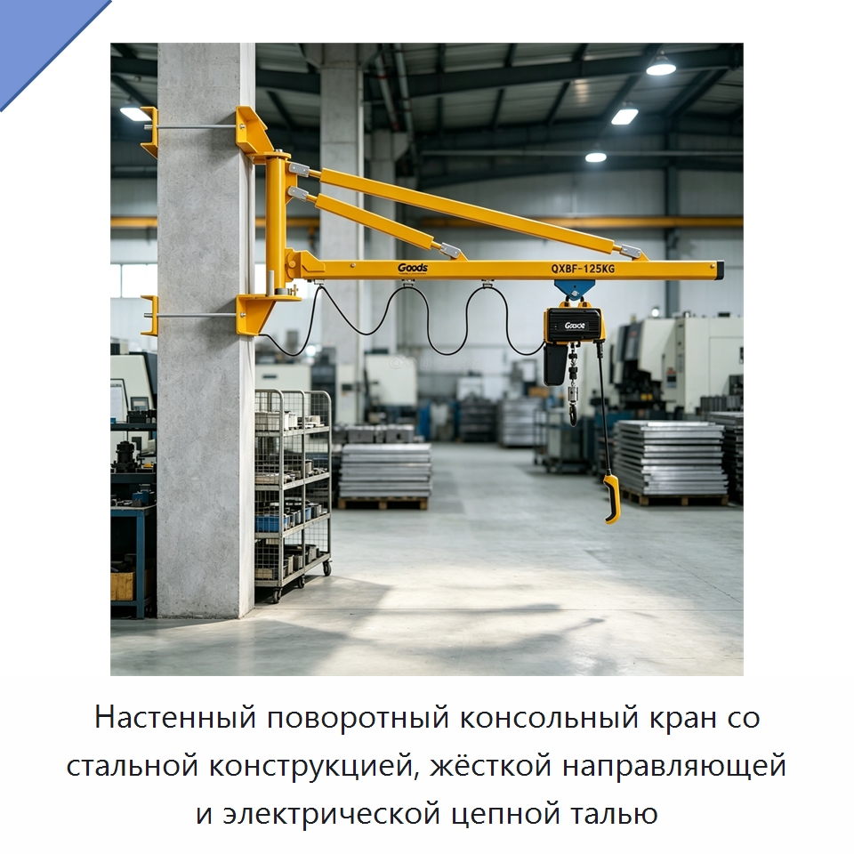 Настенный поворотный консольный кран со стальной конструкцией, жёсткой направляющей и электрической цепной талью — Электротали
