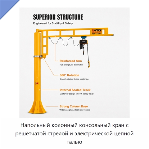 Напольный колонный консольный кран с решётчатой стрелой и электрической цепной талью