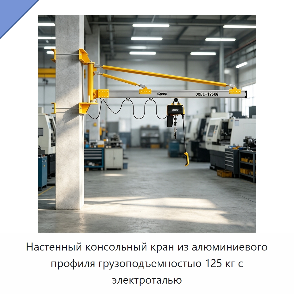 Настенный консольный кран из алюминиевого профиля грузоподъемностью 125 кг с электроталью — Краны