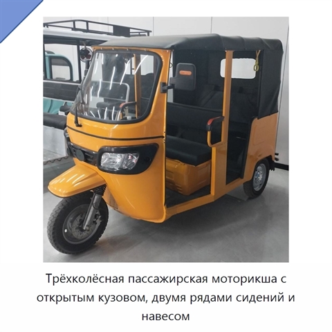 Трёхколёсная пассажирская моторикша с открытым кузовом, двумя рядами сидений и навесом