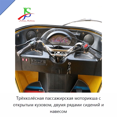 Трёхколёсная пассажирская моторикша с открытым кузовом, двумя рядами сидений и навесом