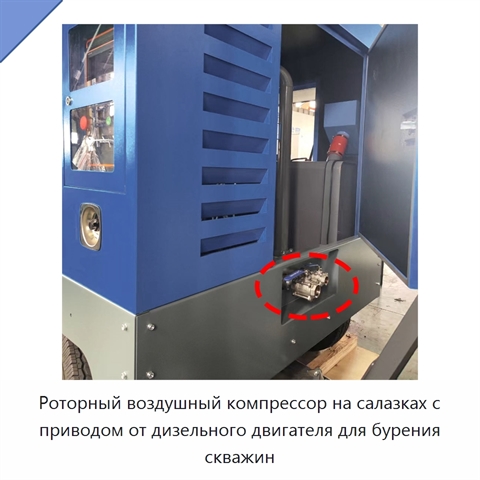 Роторный воздушный компрессор на салазках с приводом от дизельного двигателя для бурения скважин