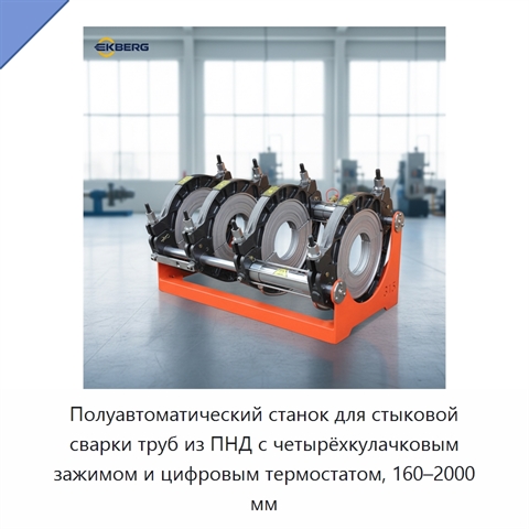 Полуавтоматический станок для стыковой сварки труб из ПНД с четырёхкулачковым зажимом и цифровым термостатом, 160–2000 мм