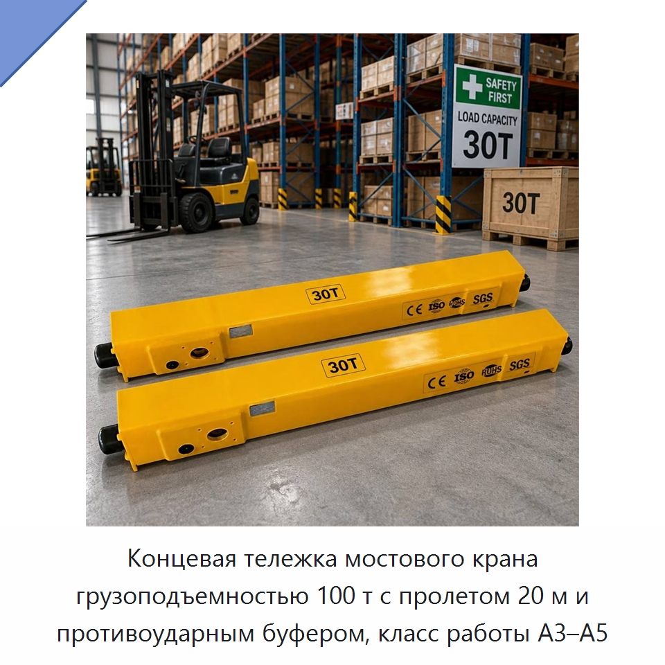 Концевая тележка мостового крана грузоподъемностью 100 т с пролетом 20 м и противоударным буфером, класс работы A3–A5 — Краны